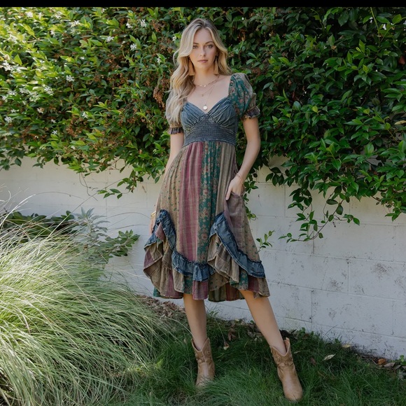 Ruffled Asym Hem Midi Dress with Denim Inserts - Picture 1 of 5